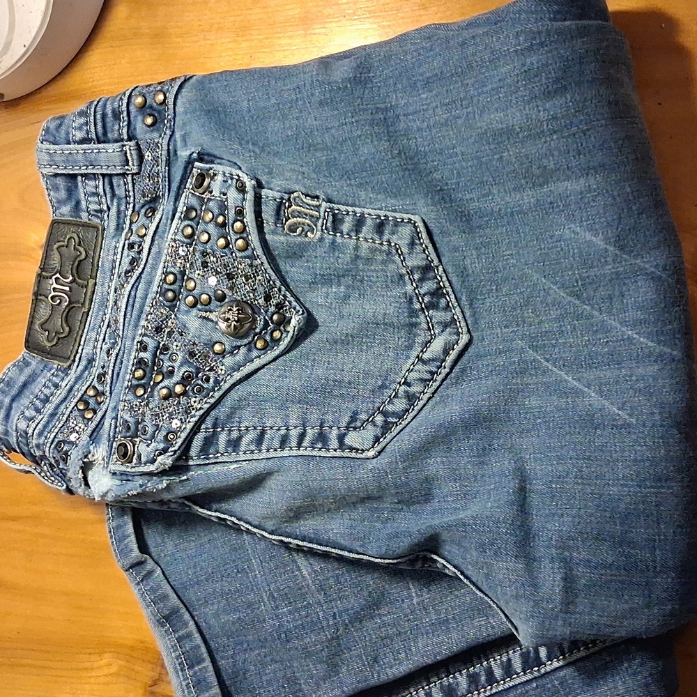 Miss Me Blue Boot Cut Jeans with Silver Accents - Picture 2 of 14